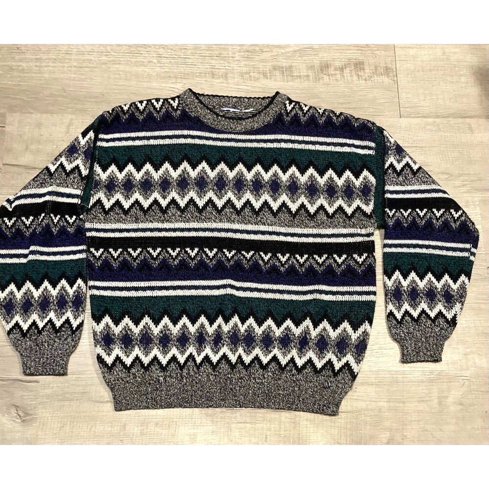 Vintage Mens Crew Neck Sweater L Geometric Fair Isle Gray Black Green Acrylic